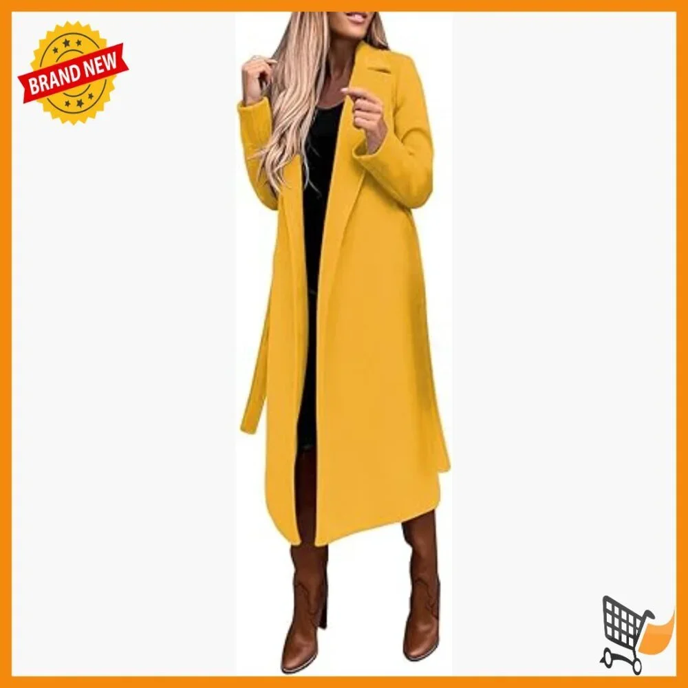 Long Wool Blend Pea Coat with Belt, Notched Collar, Open Front Trench Style